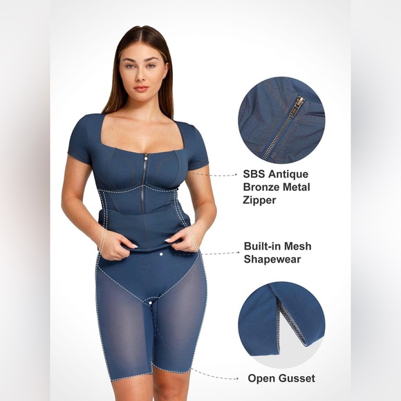 NWT Popilush Built in Shapewear Denim Midi dress - in blue - Picture 2 of 7